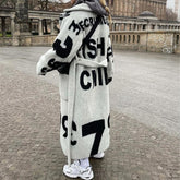 Autumn Winter Long Double Sided Print Tweed Coat Elegant Lapel Lace-up Fashion Cardigan Jacket Women Long Sleeve Loose Outerwear